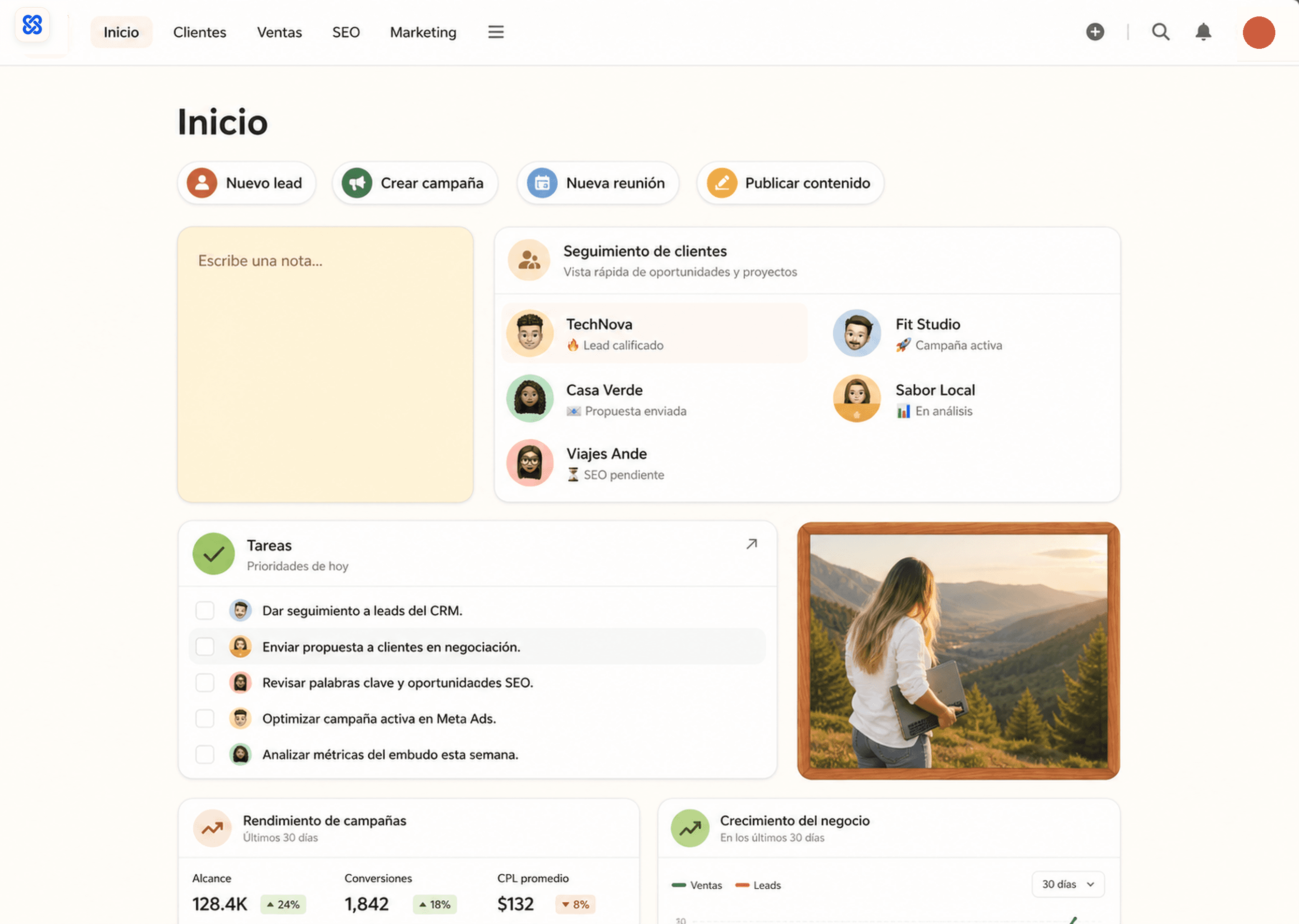 Growth web dashboard with clients, tasks, SEO, and commercial metrics