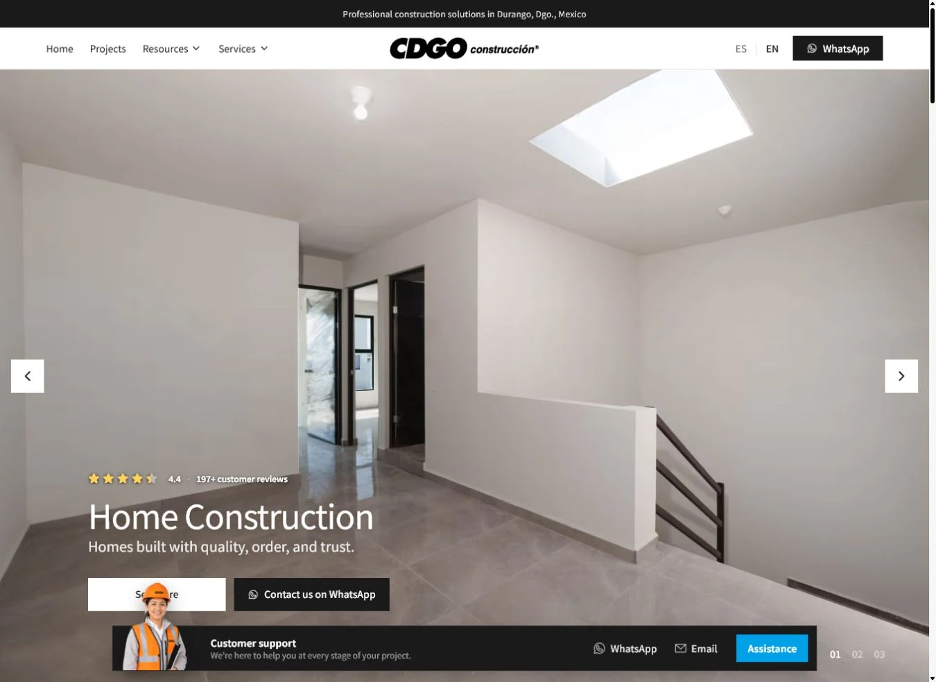 CDGO construcción homepage showcasing residential projects and direct contact