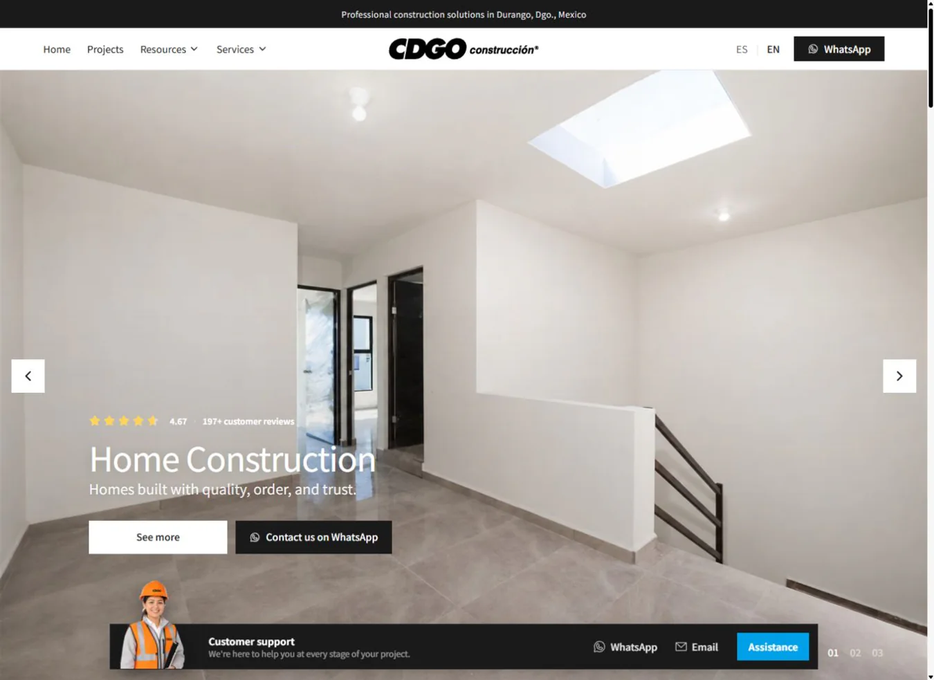 Página principal de CDGO construcción con proyectos residenciales y contacto directo