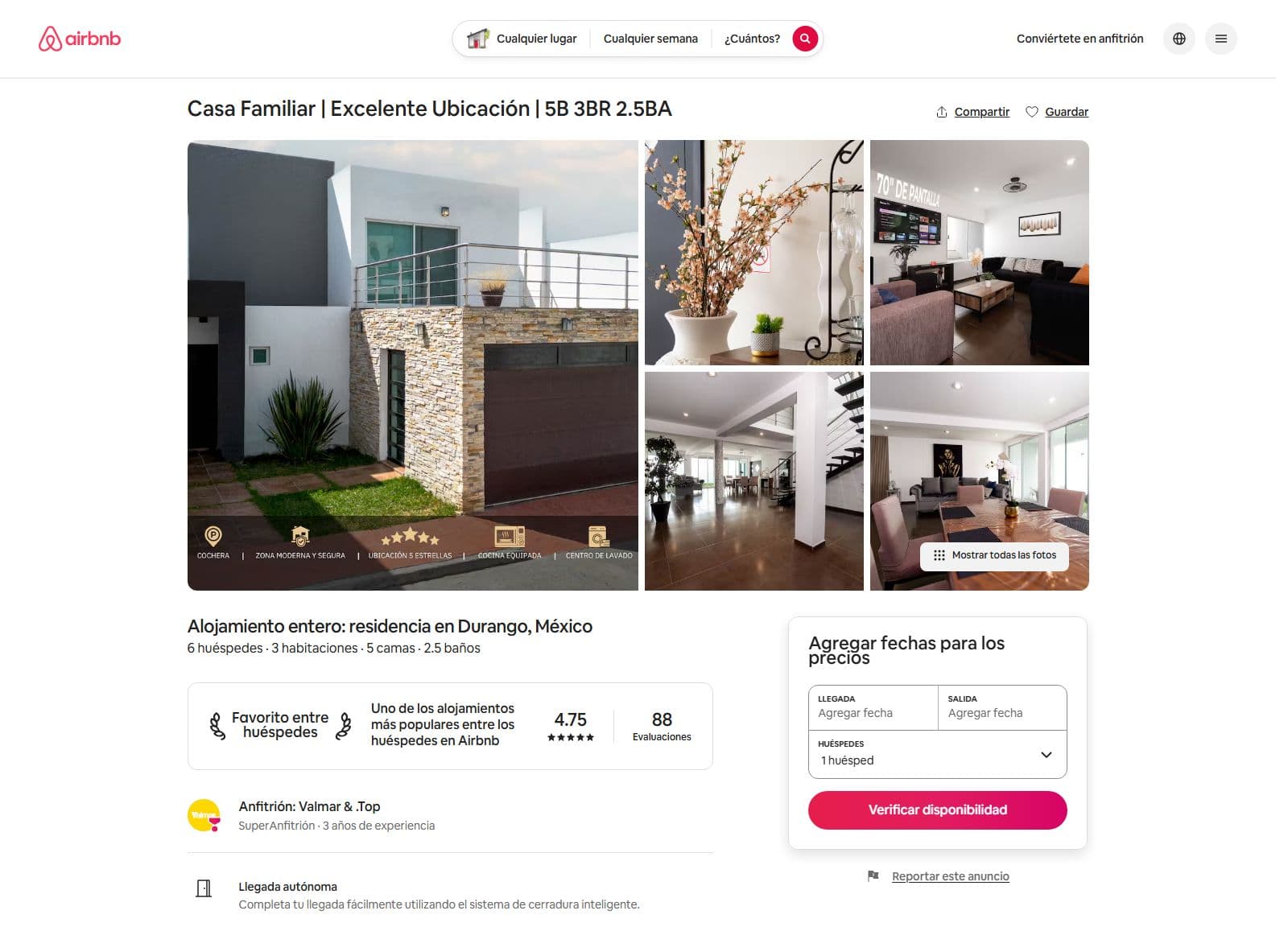Captura del anuncio de Airbnb Casa Familiar Durango