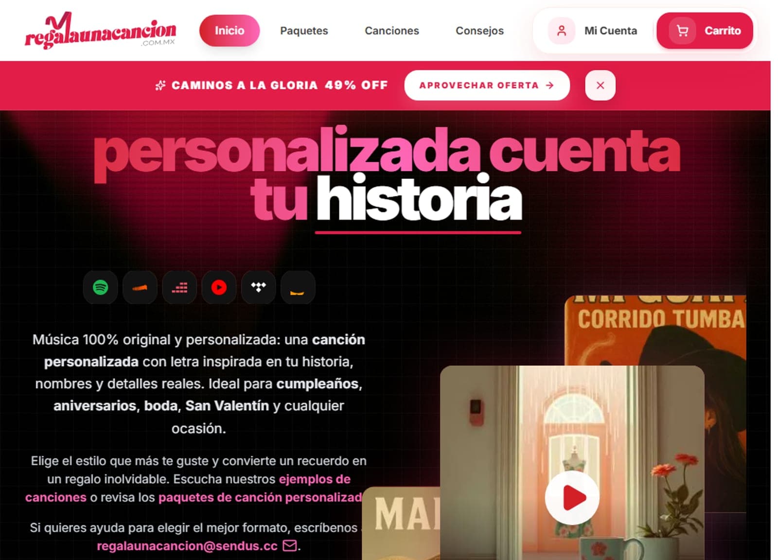 Captura de la página principal de Regala una Canción