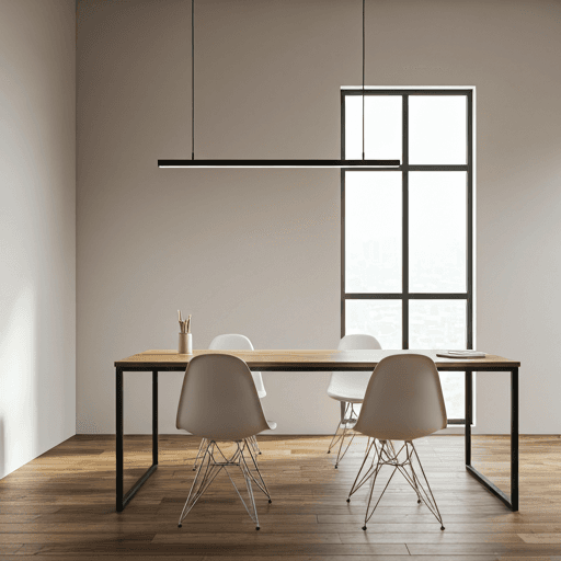 Minimalist modern office space with clean lines, large windows, and soft natural morning light illuminating a collaborative wooden table.