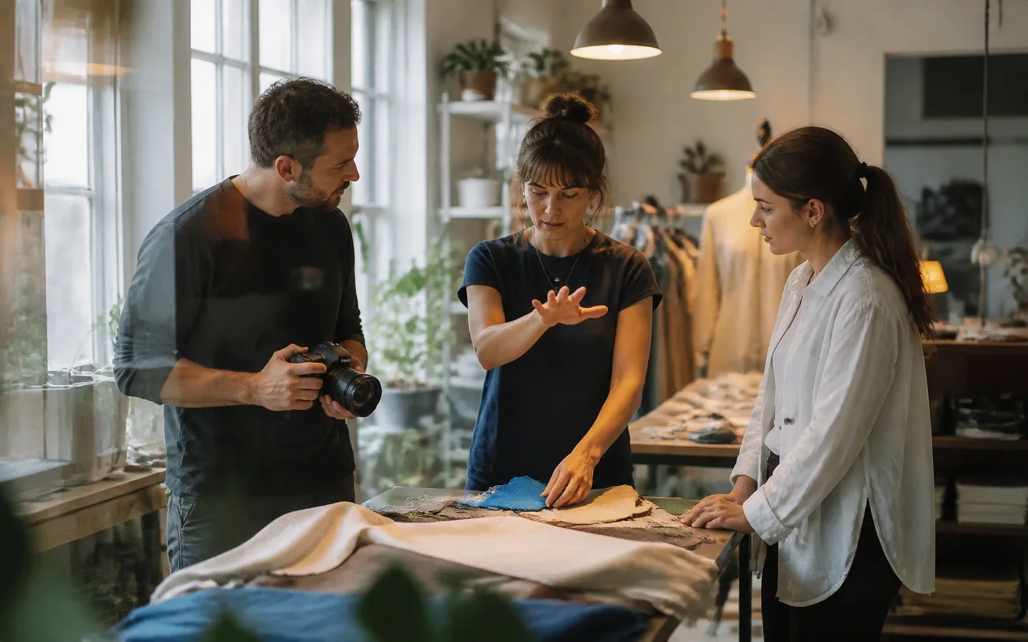 Directora creativa alineando a fotógrafa y cliente antes de una campaña
