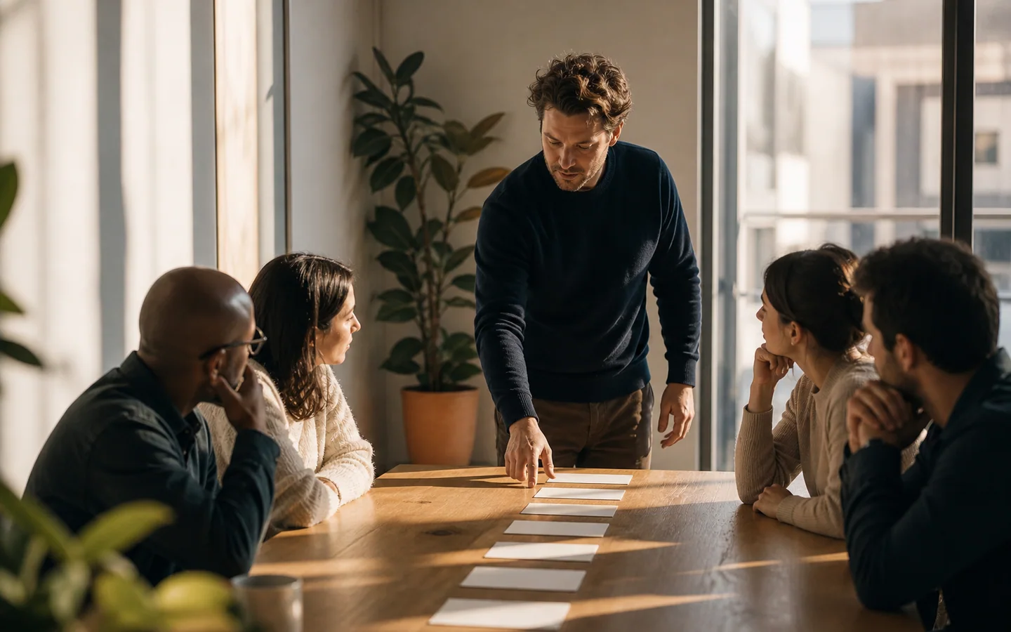 Consultor explicando las etapas de un CRM a un equipo de servicios