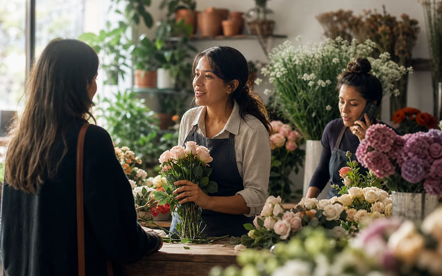 Florista atendiendo a una clienta mientras coordina pedidos digitales