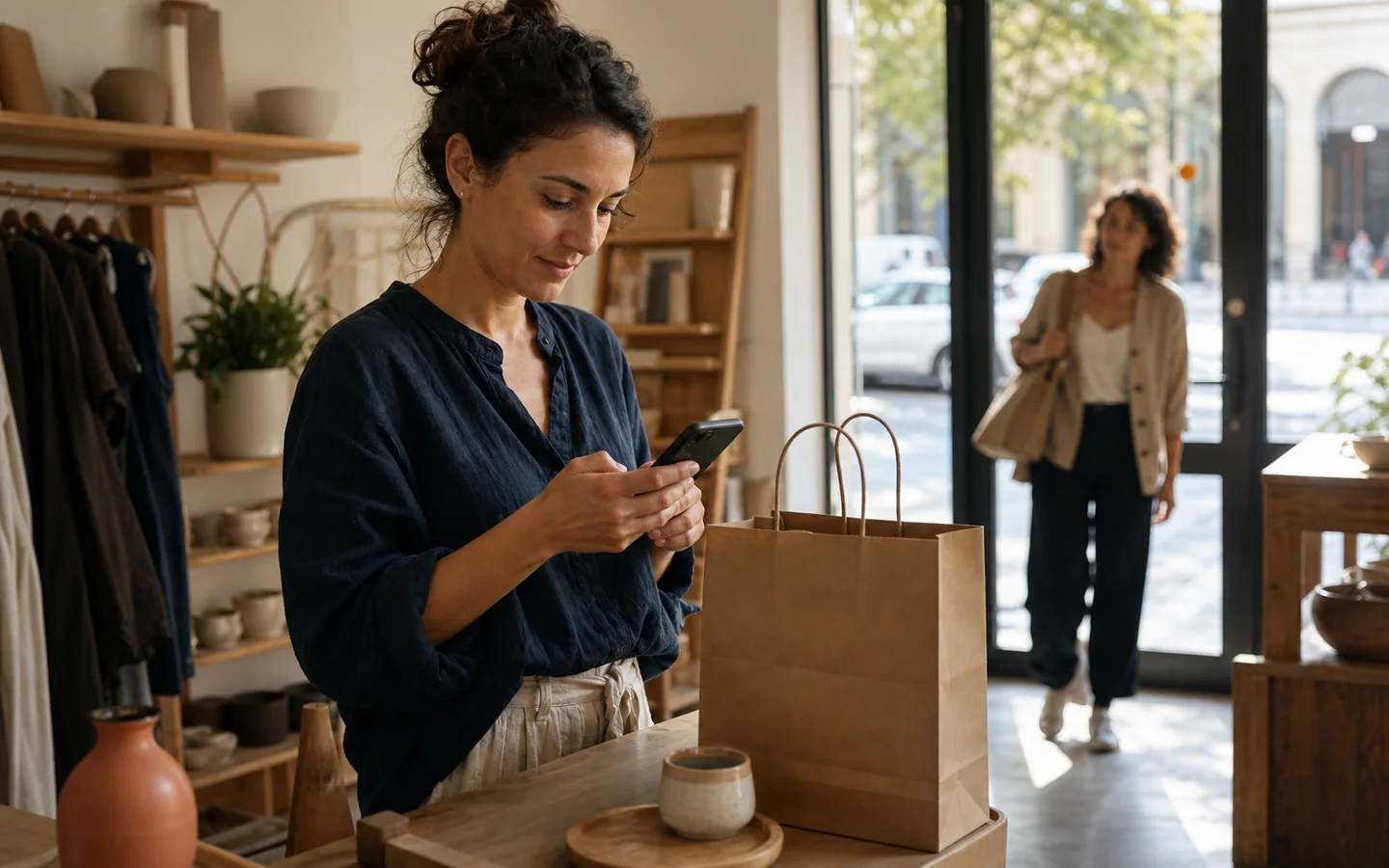 Dueña de boutique retomando una conversación con una clienta interesada