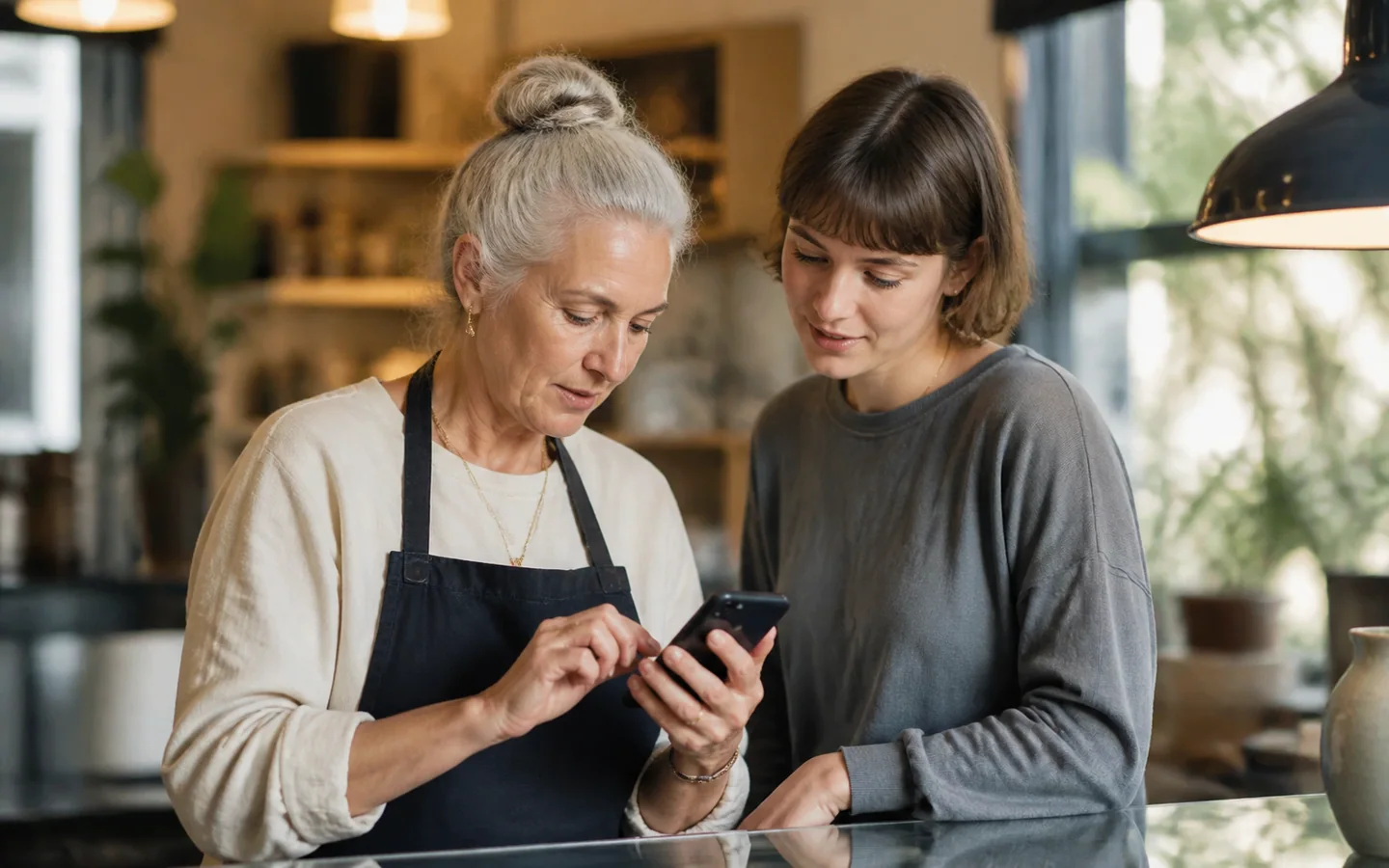 Shop owner testing a clear and fast mobile website with a designer